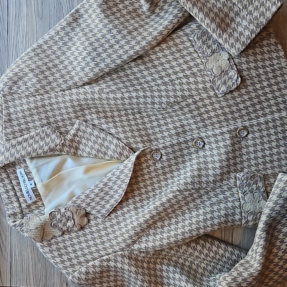 Noviello Bloom Vintage Academia Beige Tan Floral Houndstooth Wool Blazer 8